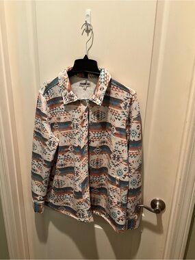 RANK-45 Women's Aztec Print Blazer Jacket in White with Blue & Brown